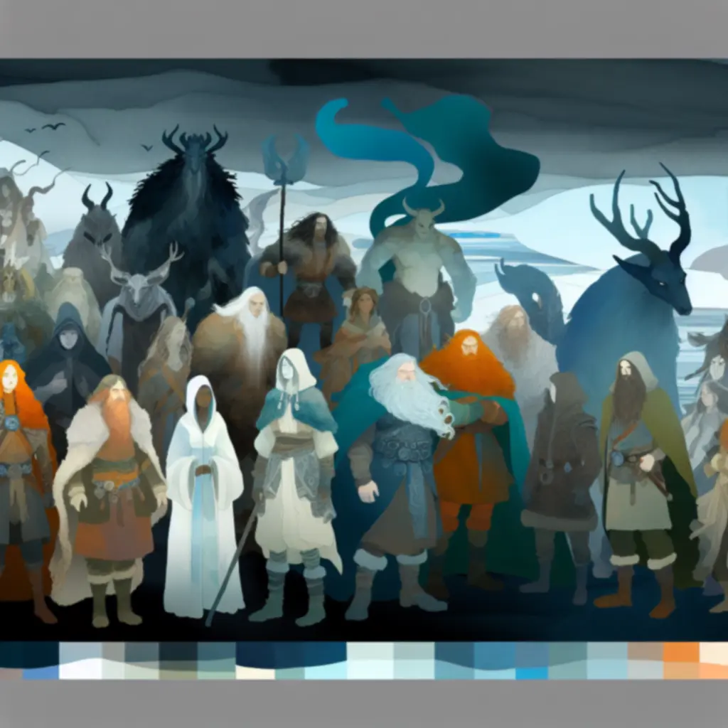 Ręcznie rysowana linia bohaterów Banner Saga 2 stojących na nordyckim tle.