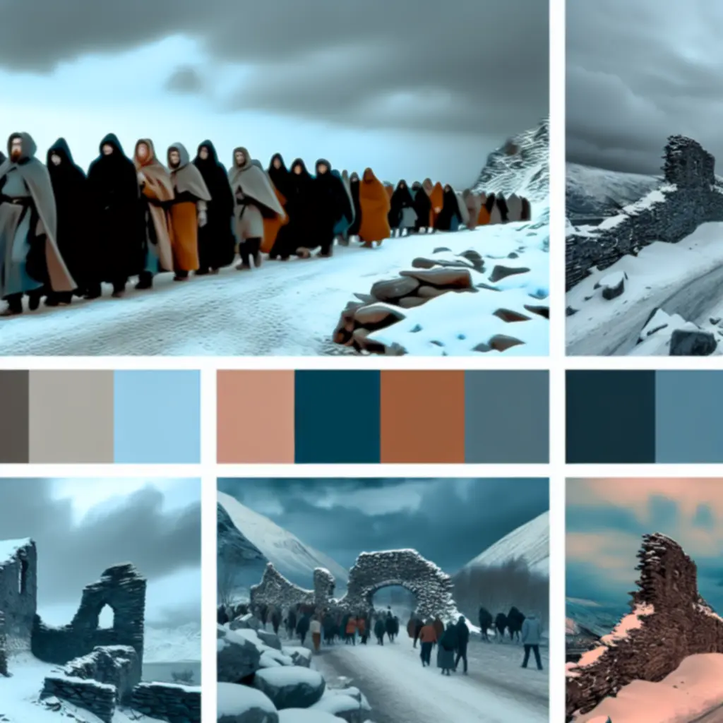 Karawana uchodźców opuszczająca zrujnowane miasto Boersgard pośród śniegu i nordyckich krajobrazów.