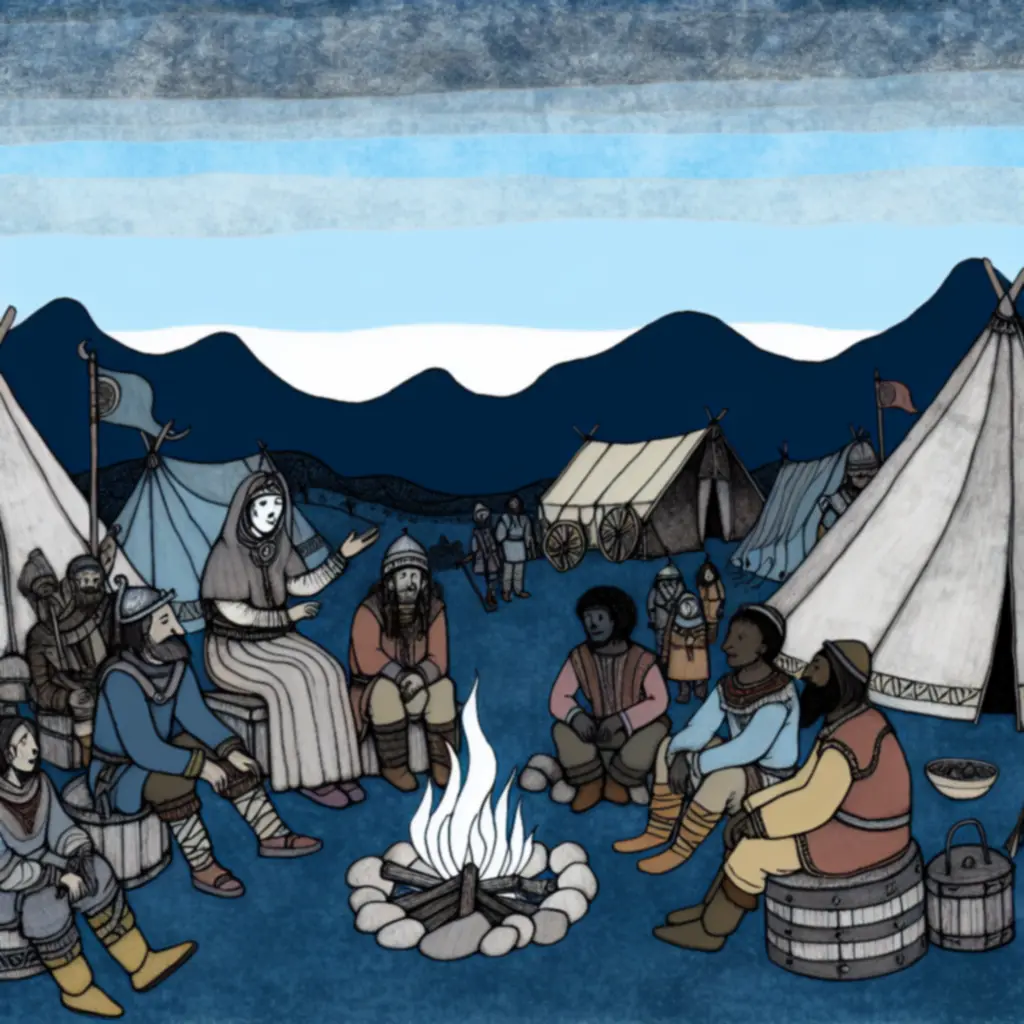 Nocny obóz karawany przy płonącym ognisku w nordyckim krajobrazie.