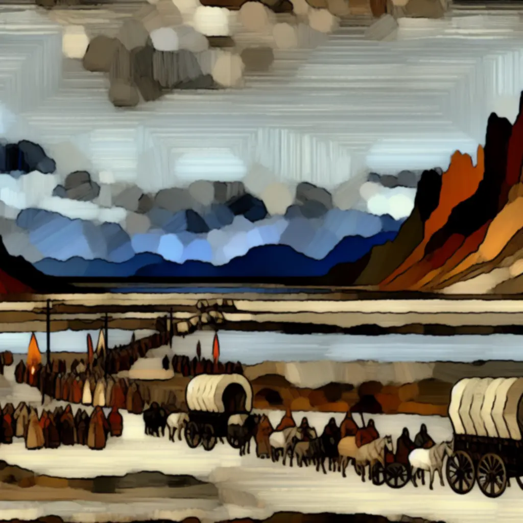 Karawana z wozami i powiewającymi sztandarami maszeruje przez mroczny nordycki krajobraz.