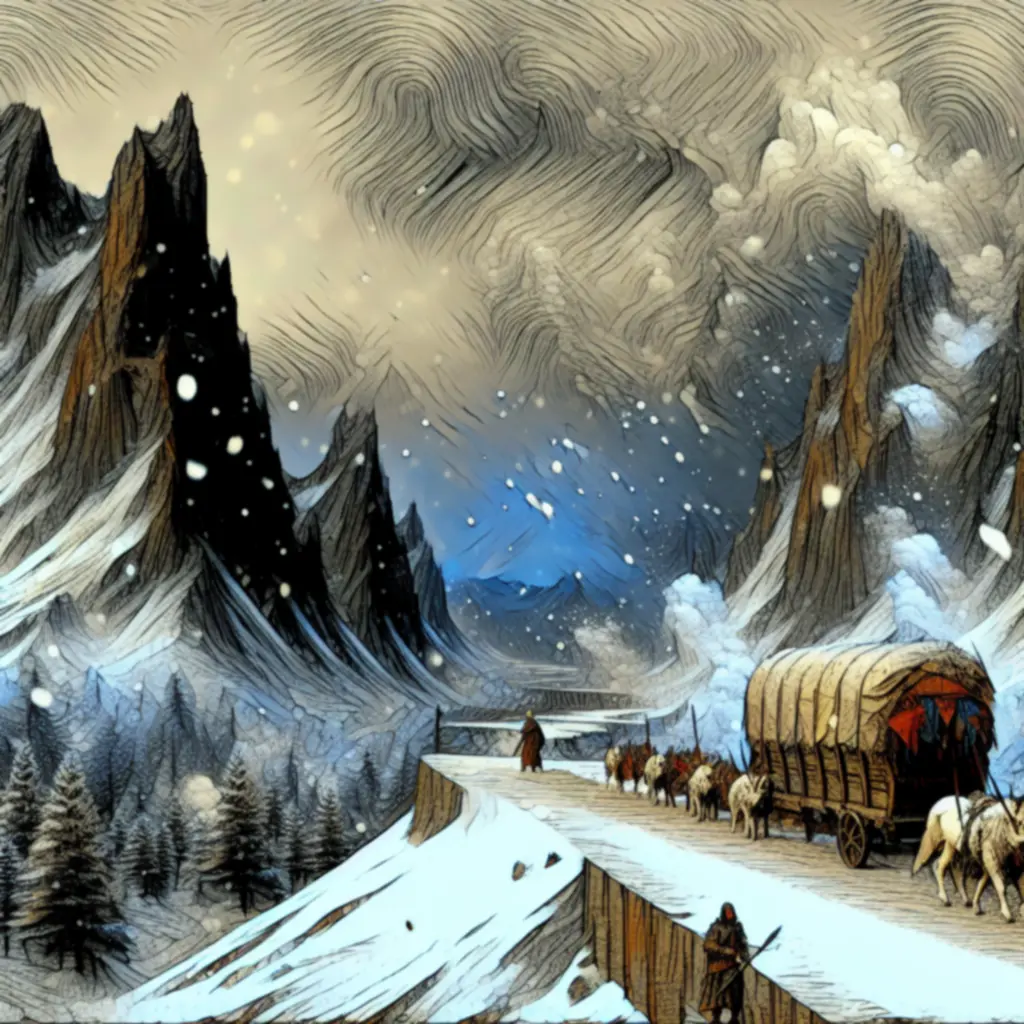 Karawana wspinająca się po ośnieżonych, stromych zboczach nordyckich gór.