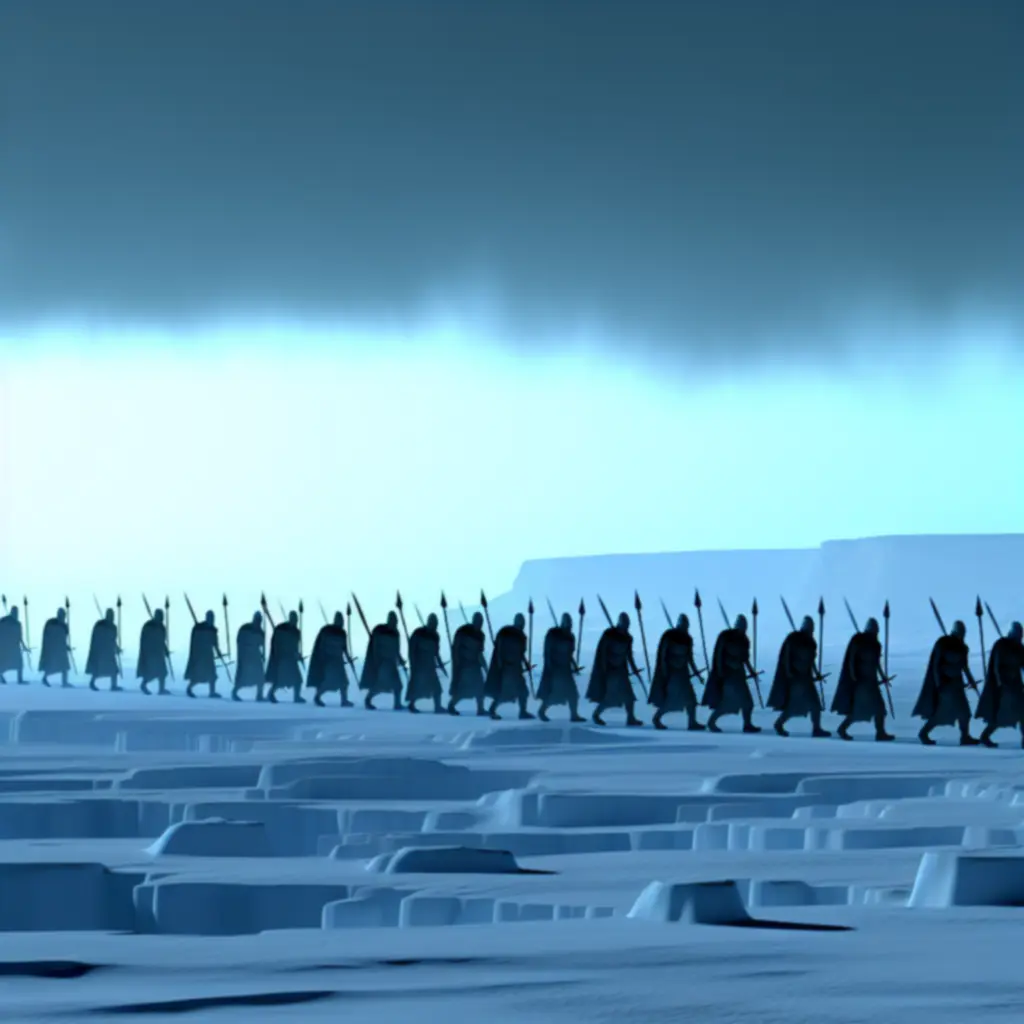 Armia dredge maszerująca przez ośnieżoną dolinę, ich sylwetki odcinają się na tle mrocznego nieba