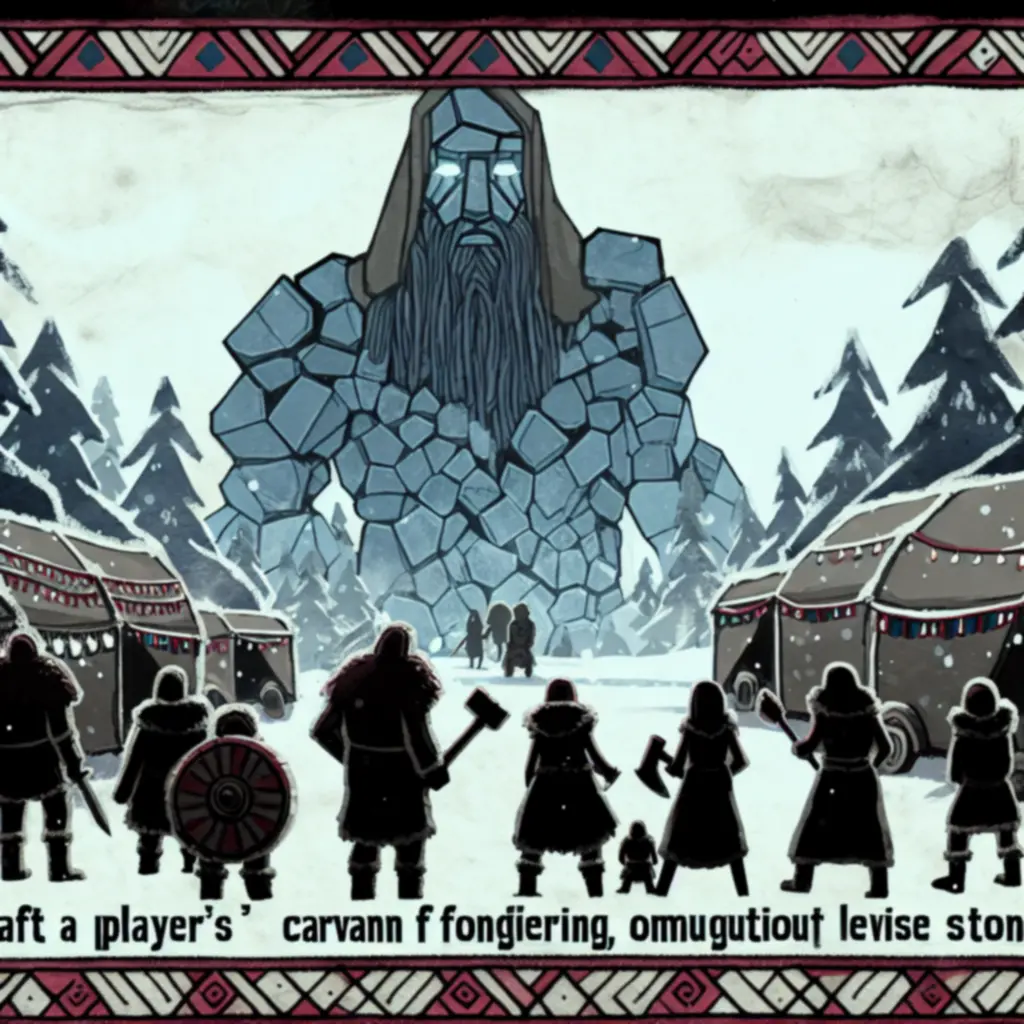 Bohaterowie stają naprzeciw kamiennych Dredge na ośnieżonym polu bitwy, w nordyckim krajobrazie.