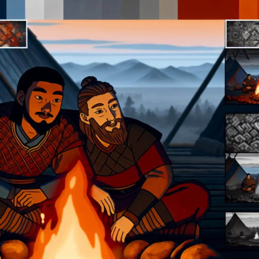 Dwójka nordyckich towarzyszy siedzi przy ognisku, dzieląc się chwilą zadumy.