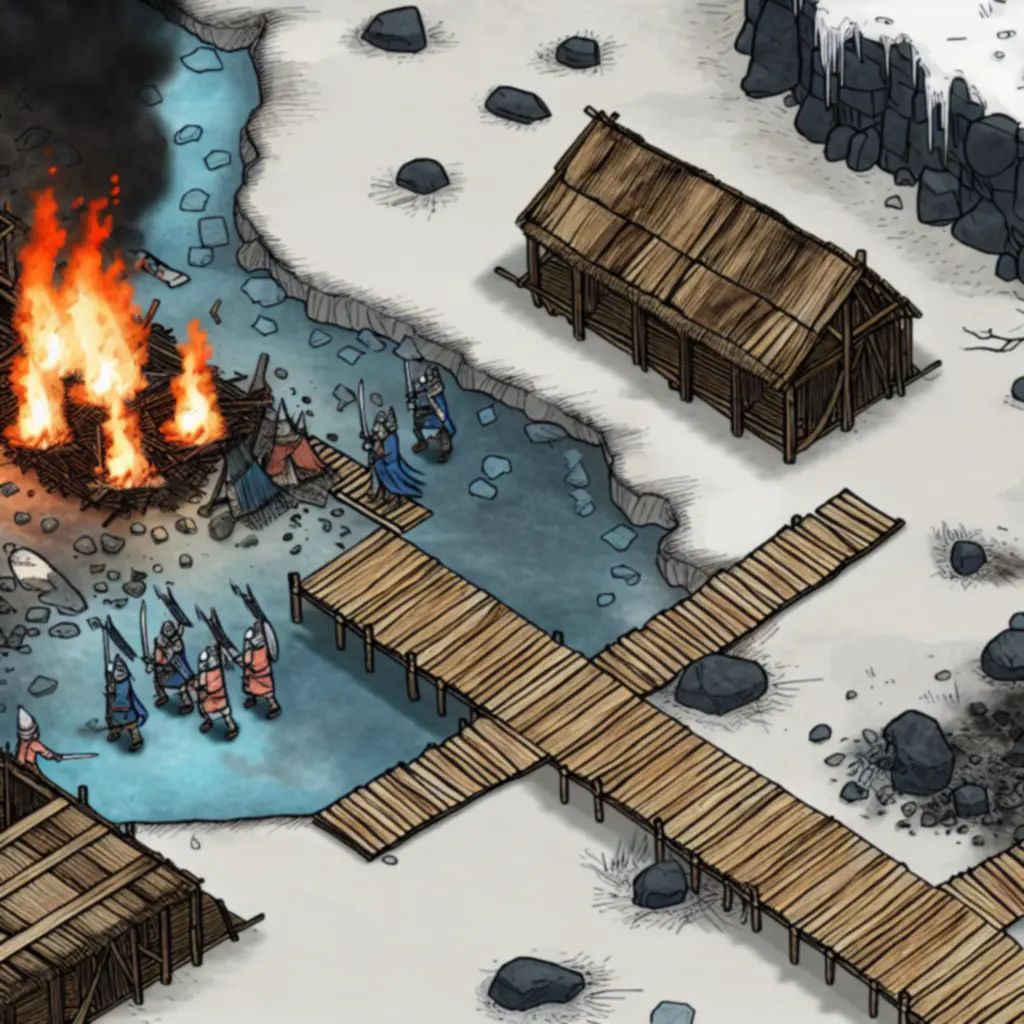 Płonące i zawalone elementy otoczenia na śnieżnym polu bitwy
