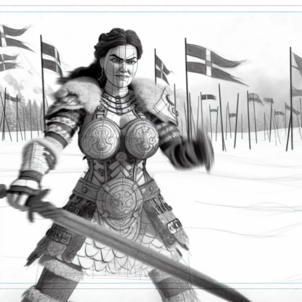 Bohaterka Banner Saga 2 w bojowej pozie na tle nordyckiego krajobrazu.