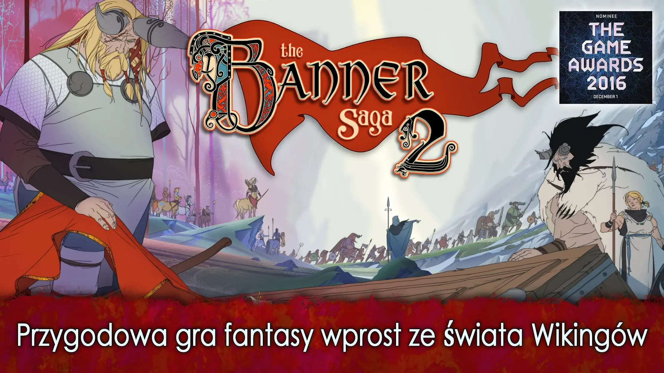 Kinowy kolaż kadrów z Banner Saga 2: ośnieżone doliny, nordyckie obozy i pola bitew.