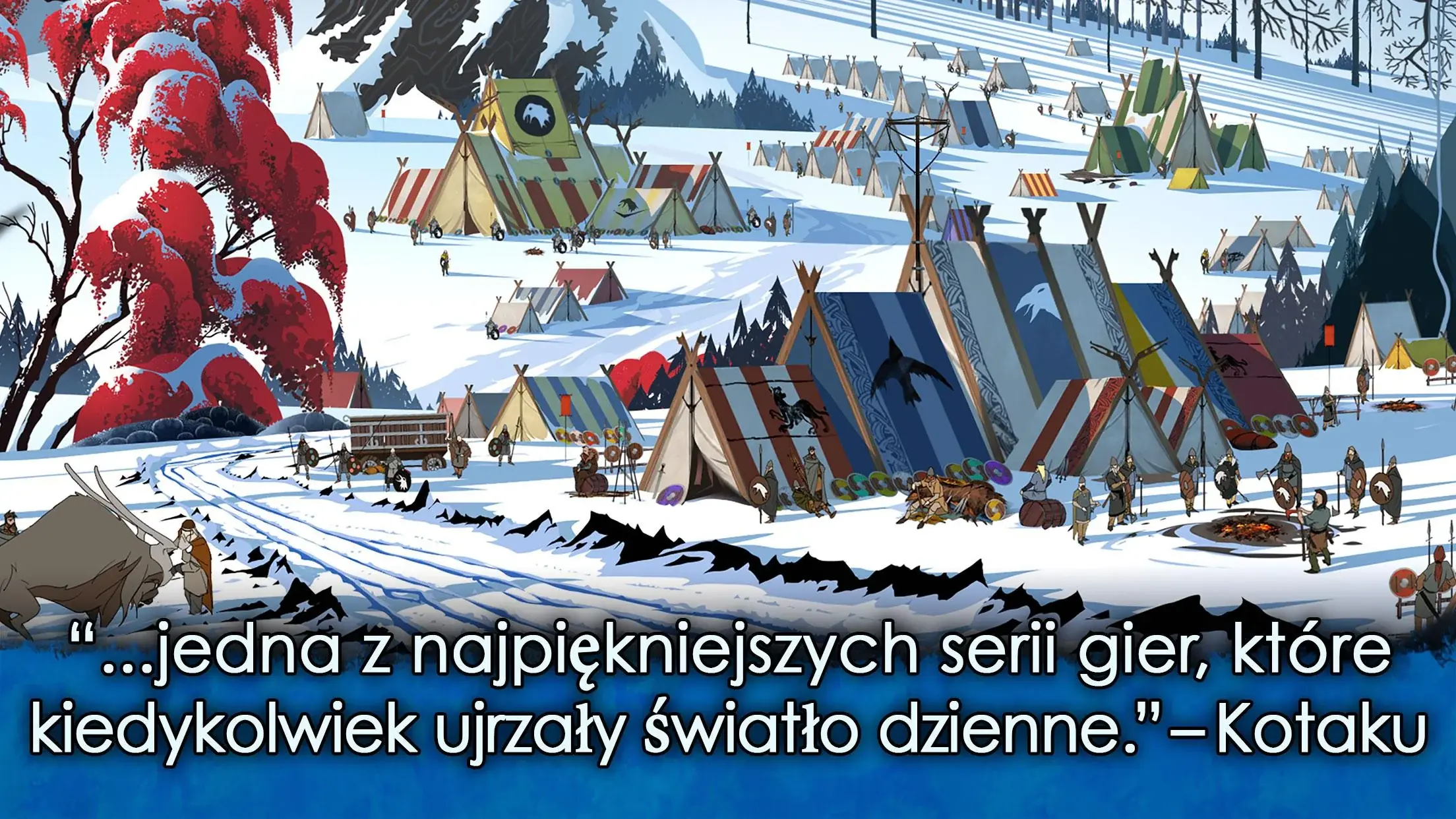 Ilustracyjna plansza prezentująca karawanę Banner Saga 2 w drodze przez zimę.