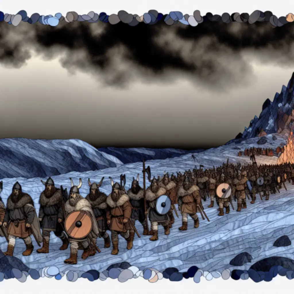 Stylizowany nordycki pejzaż z karawaną na szlaku, inspirowany Banner Saga 2