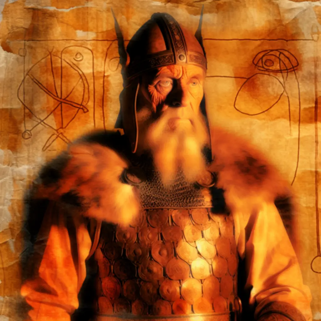 Bohater w nordyckiej zbroi stojący na skalnym występie, z chorągwią karawany powiewającą na wietrze