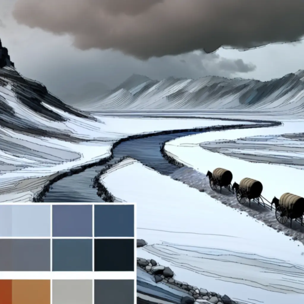 Ręcznie rysowany nordycki krajobraz z górami, śniegiem i karawaną na horyzoncie.