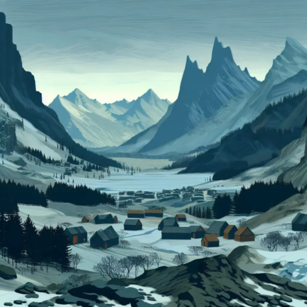 Szeroka, nordycka dolina z ośnieżonymi szczytami i karawaną na tle ciemniejącego nieba