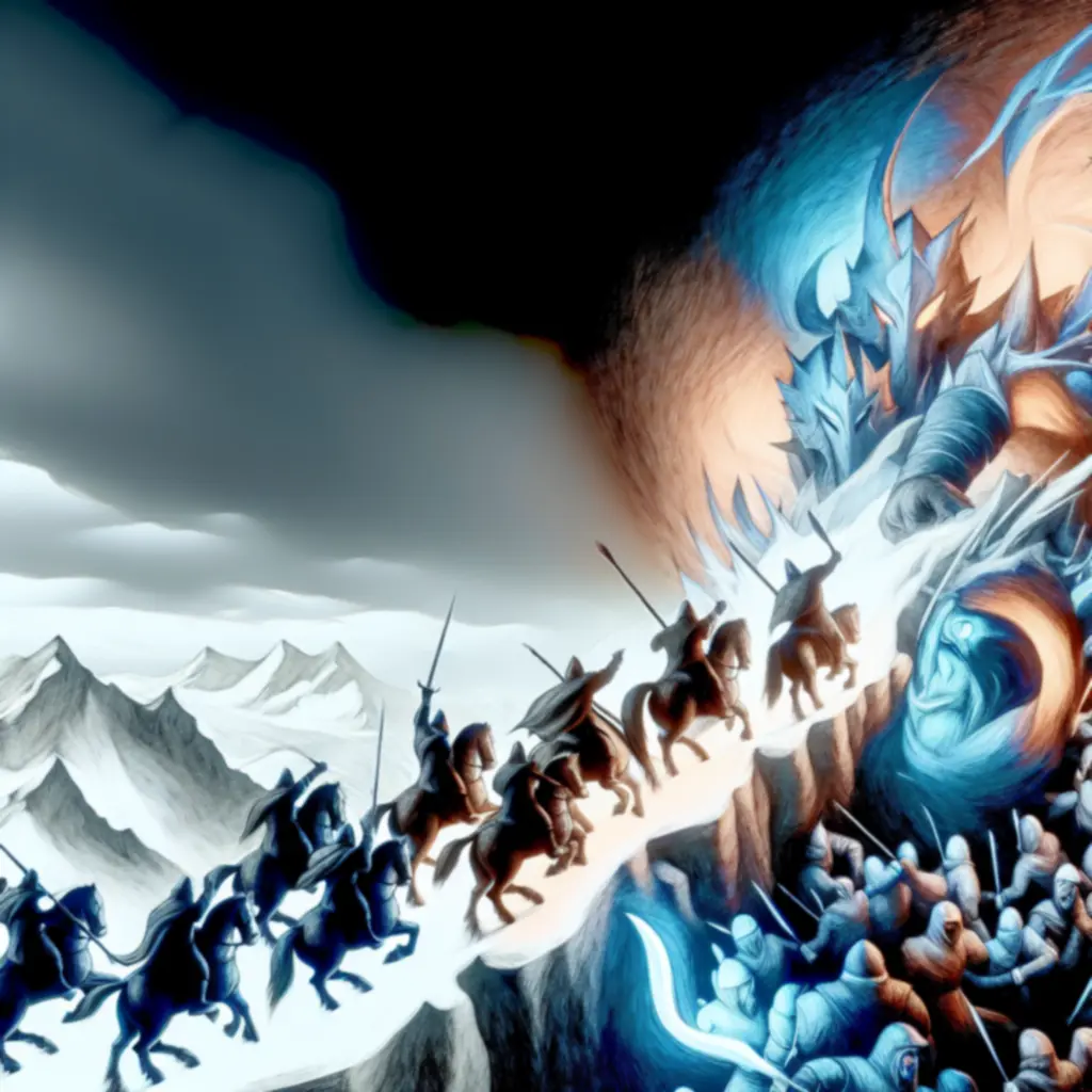 Cinematiczna scena bitwy na zaśnieżonej nordyckiej przełęczy przeciwko hordzie Dredge
