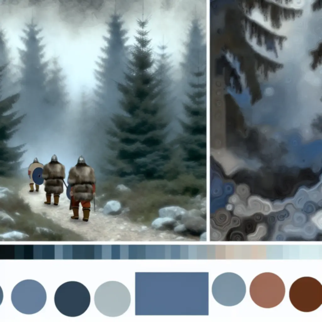 Leśny nordycki szlak wśród ośnieżonych drzew, po którym maszeruje karawana.